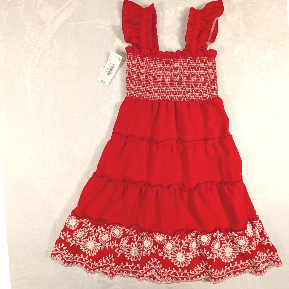 In Girl Kids Red Smocked Tiered Dress Floral Embroidered Hem Size 5 NWT